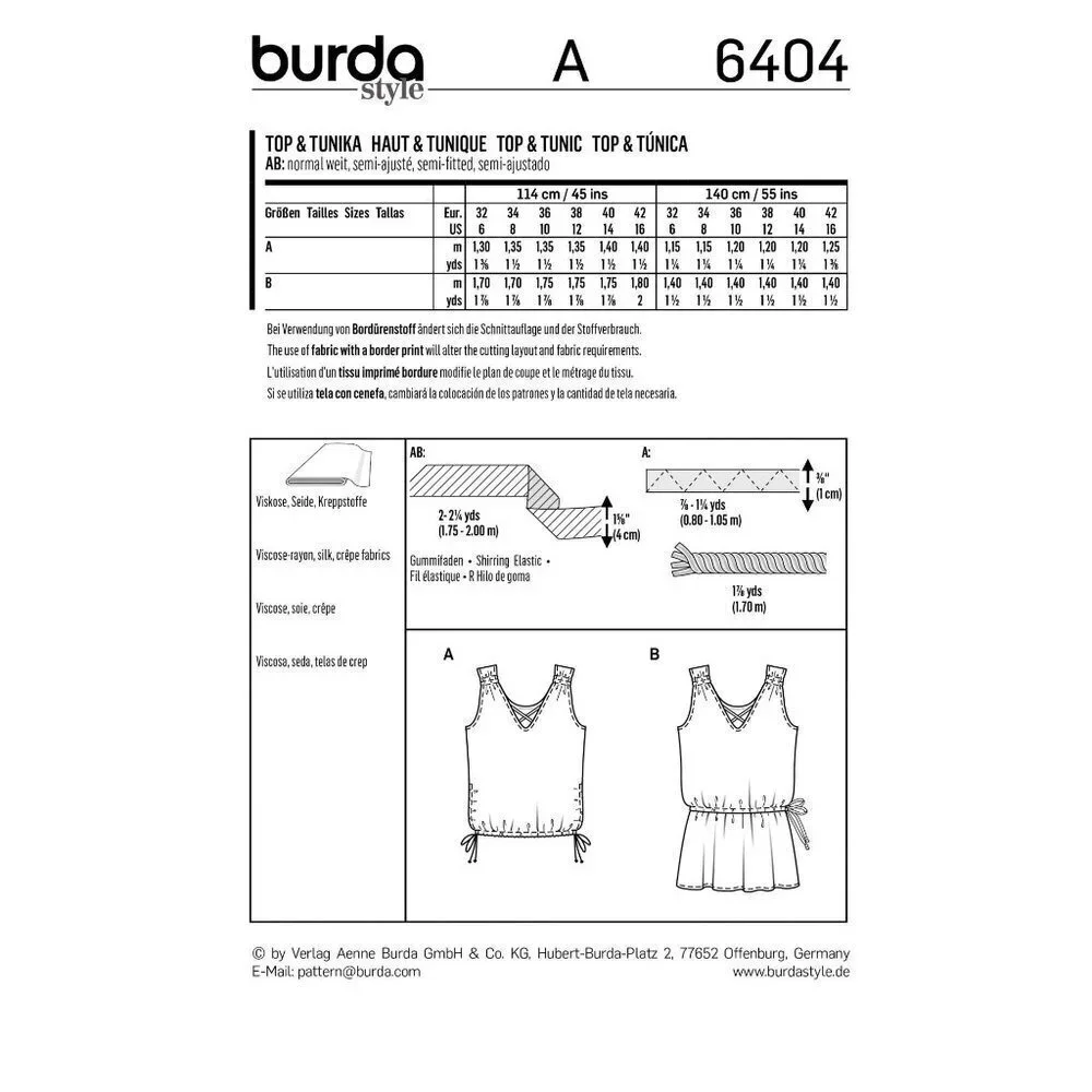 Burda Sewing Pattern 6404‎ V Neck Top Shirt  Misses Size 6-16